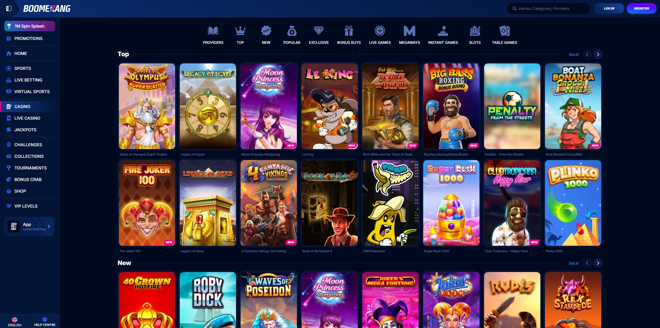 Screenshot of Boomerang Casino slot games lobby